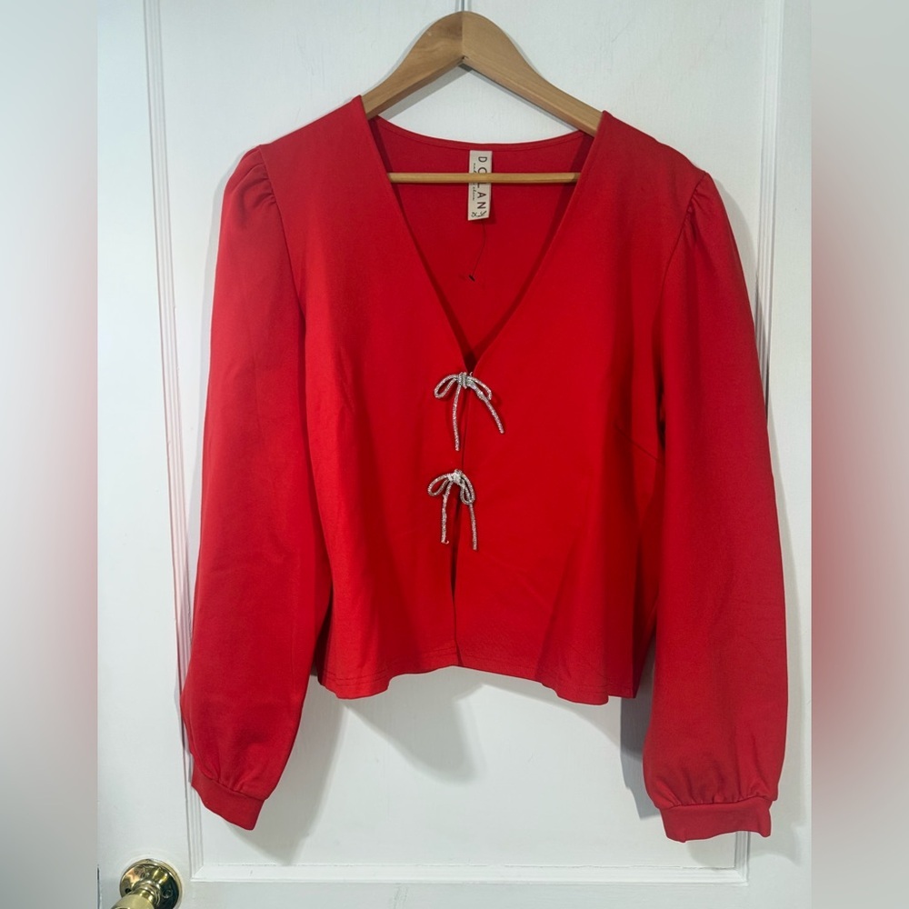 New Dylan Vibrant Red Blouse with Bow Accents - Picture 3 of 8